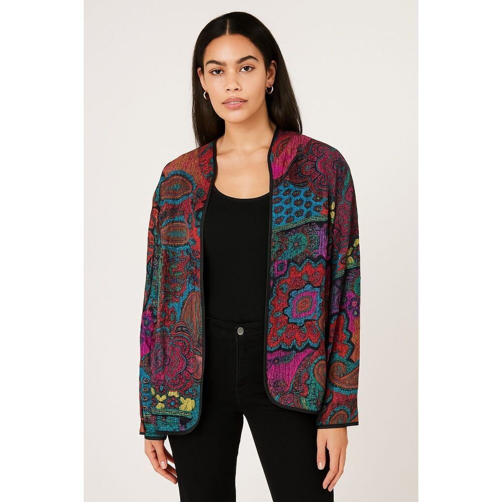 Vintage Chico’s 100% Silk Quilted Open Front Boho Paisley Jacket
